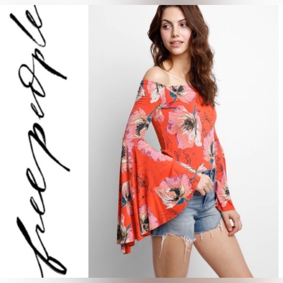 We The Free Floral Off Shoulder Bell Sleeve Top S Coral Boho Free People Style - Picture 7 of 12